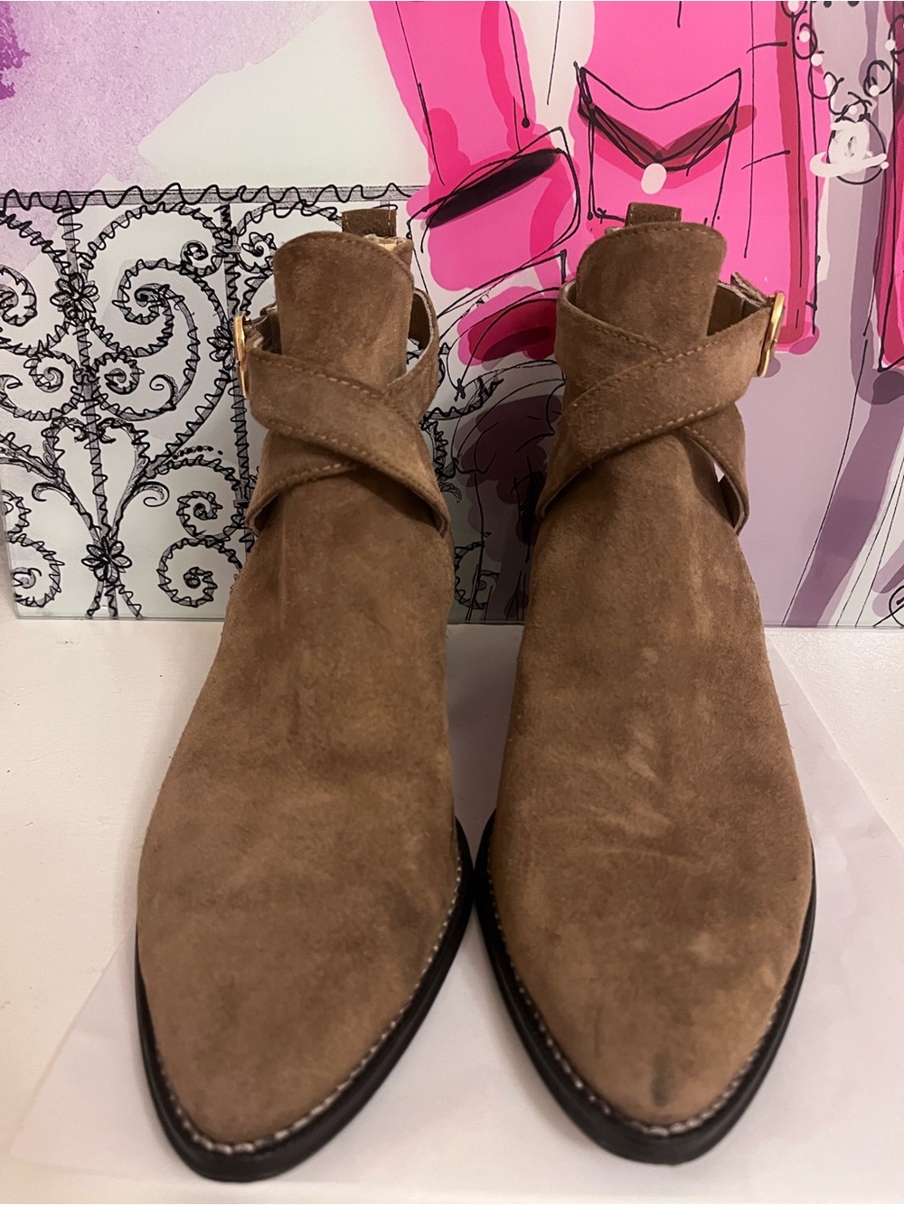 Banana Republic Tan Suede Pointed Ankle Booties with Wrap Strap - Size 7
